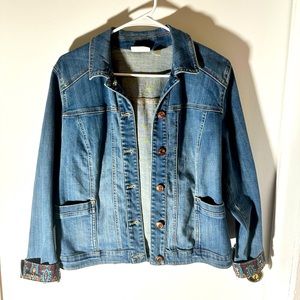 Chicos women’s blue jean jacket with paisley design size Ox